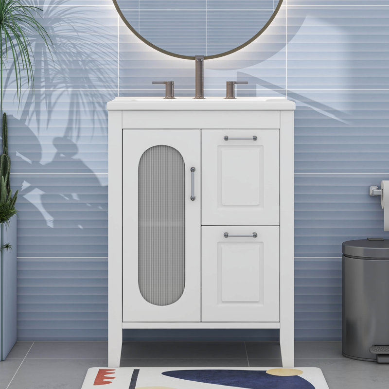 Meuble-lavabo avec tablette réglable et 2 tiroirs, Blanc