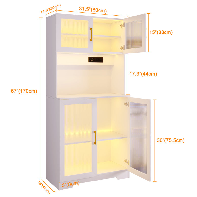 Tall Kitchen Pantry Cabinet With Led Lights & Power Outlet, Freestanding Coffee Bar Storage Unit With Fluted Glass Doors