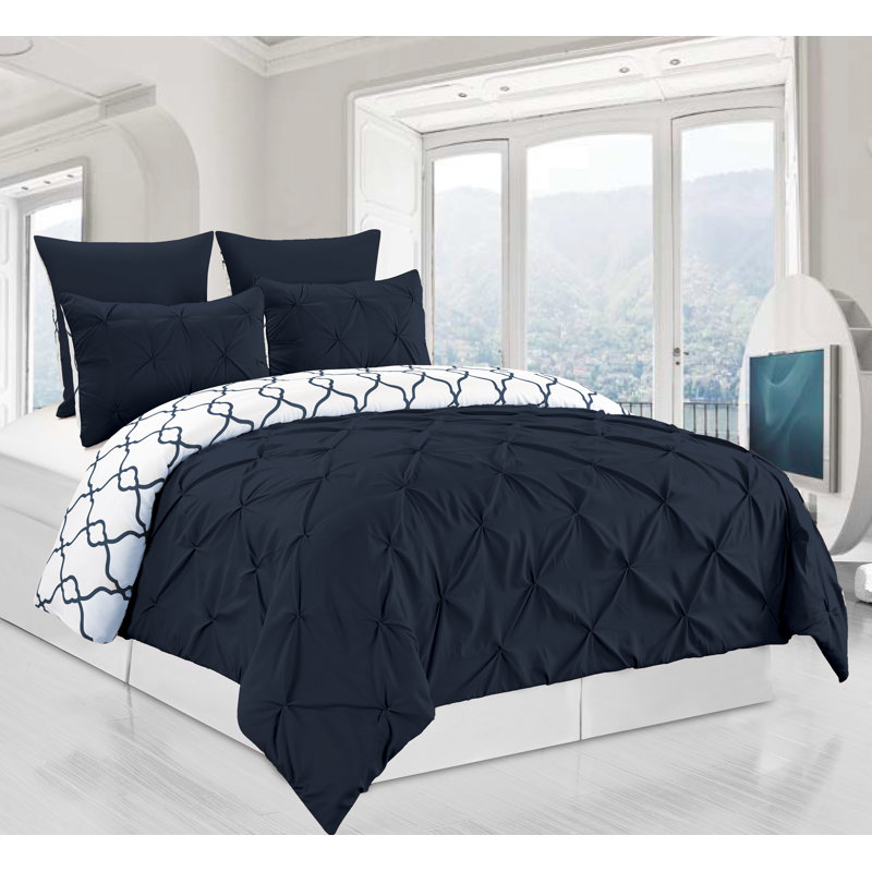 Elegant Reversible 3 Piece Pintuck Duvet Cover Set, King Duvet Cover + 2 Shams, Navy