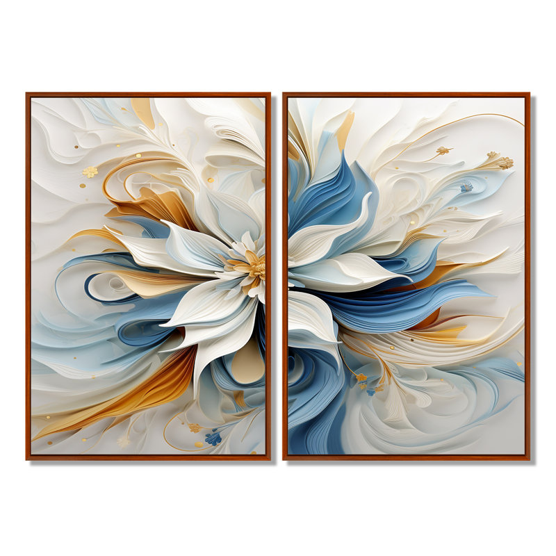 Abstrait fleur de magnolia blanc, bleu ambre - art mural bleu, 36" H x 48" W, Impression encadrée flottante, Brown
