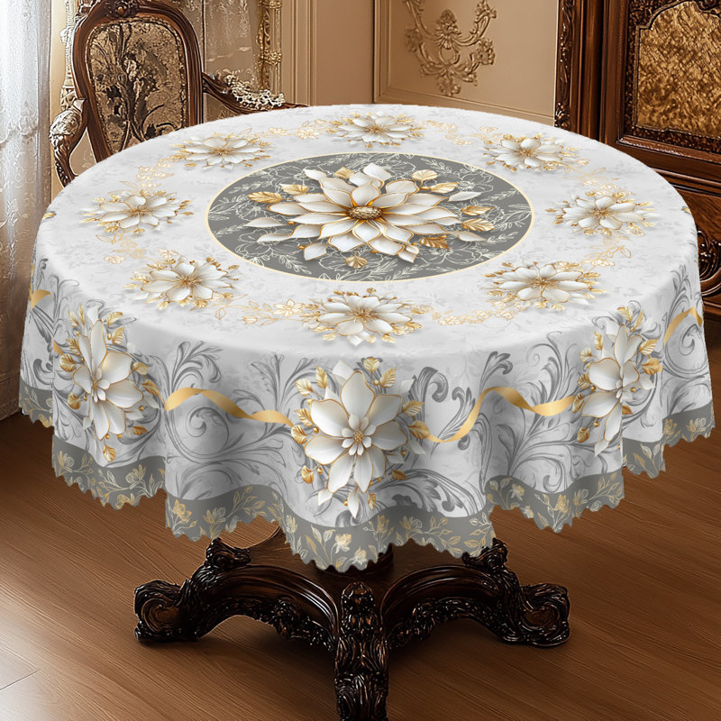 1pc Modern 3D Floral Effect Printed Tablecloth, Round/Rectangular Farmhouse Floral Pattern Tablecloth, Christmas Party Outdoor Decoration, Kitchen Accessories, Noble And Elegant Marble Floral Decoration Home Gift