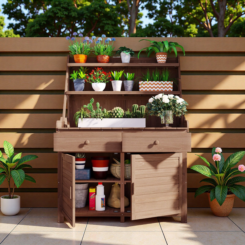Table de jardin, table de travail en bois de sapin avec tablette de rangement, tiroir et armoire, Brun