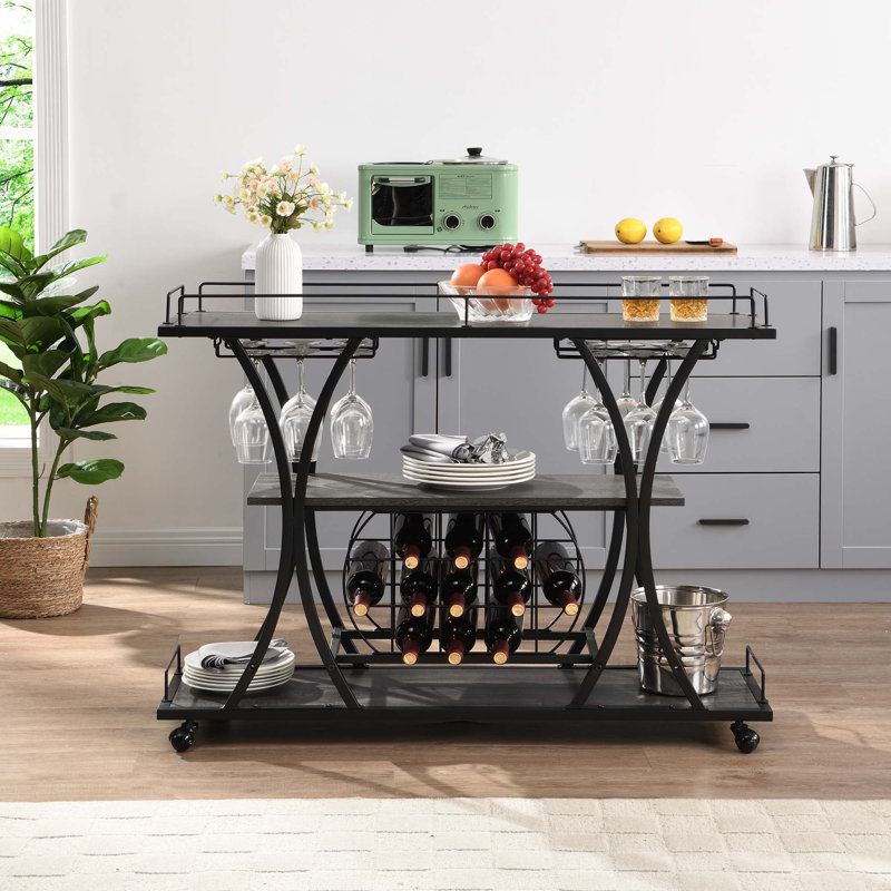 Chariot-bar industriel et chariot de service pour la maison avec roulettes 3 tablettes de rangement