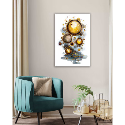 Abstract Golden Spheres Tempered Glass Wall Art - Modern Celestial Home Decor, Amber Glossy Bubble Print, Elegant Living Room Luxury Mural