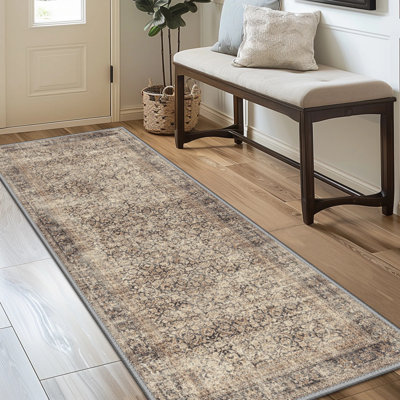Vintage Distressed Oriental Washable Non-Slip Neutral Gray / Sage Indoor Runner Rug 