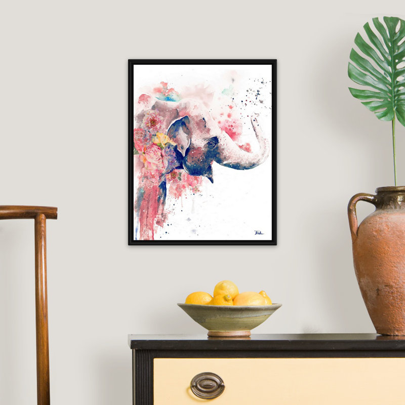 «Floral Water Elephant» par Patricia Pinto, reproduction d'art sur toile, Cadre flottant noir, H 22 po x l 18 po x P 1,75 po