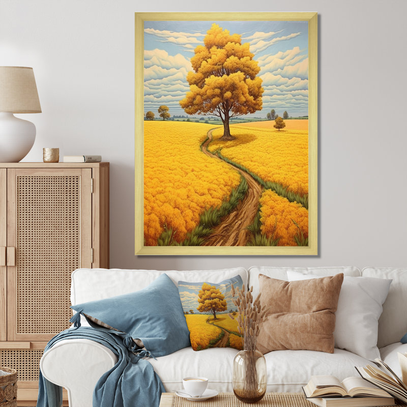 «Yellow Tree in Blossoming Golden Meadow», reproduction sur toile, H 40 po x l 30 po x P 1,5 po, Encadrement doré