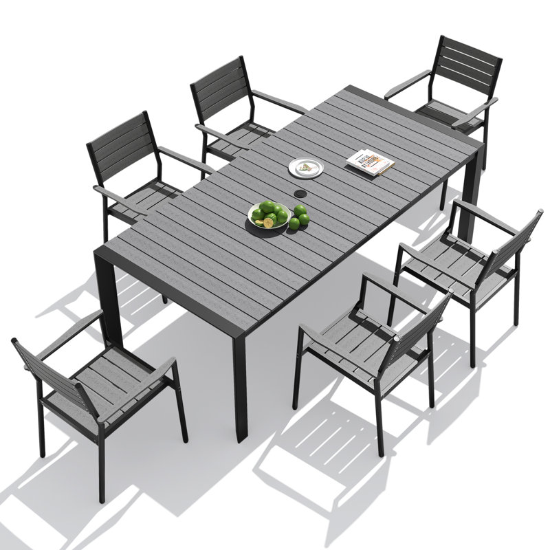 6 - Person 71‘’ L  Aluminum Patio Dining Set With Stackable Chairs And Umbrella Hole, Dark Gray