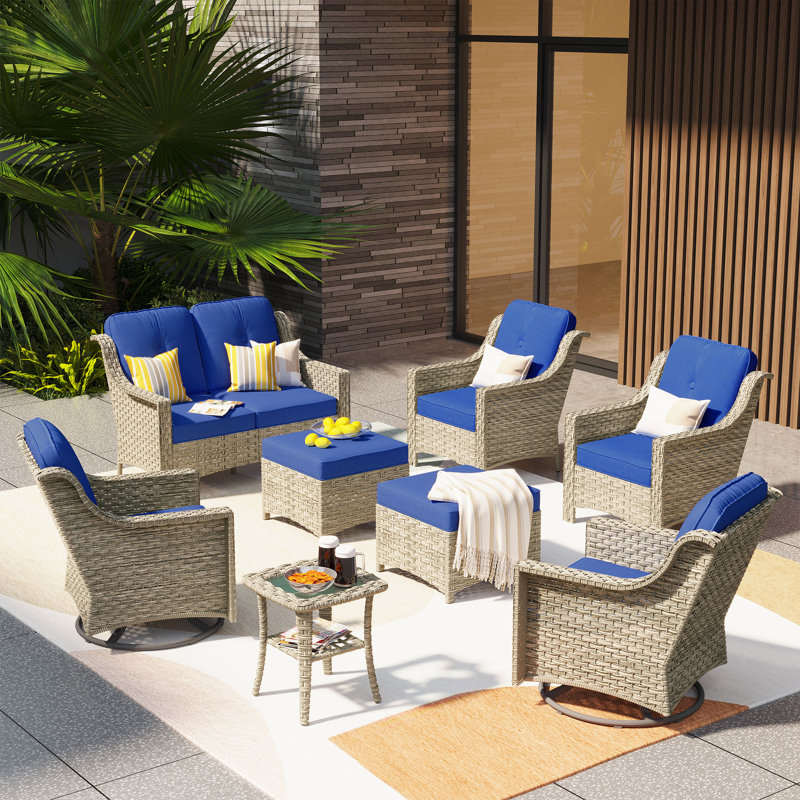 Daliya Wicker 6 - Person Patio Conversation Set with Cushions, Navy