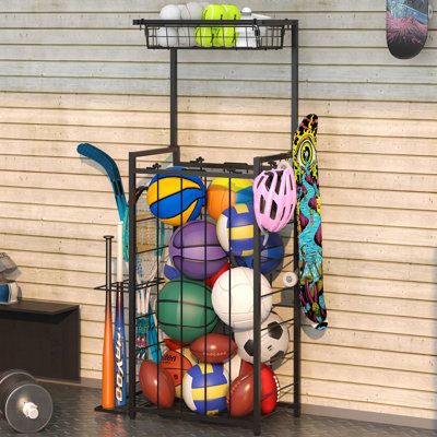 Sports Equipment Organizer Small Garage Ball Storage Rack With Elastic Straps And 3 Hooks Garage Organization Storage Rack Black