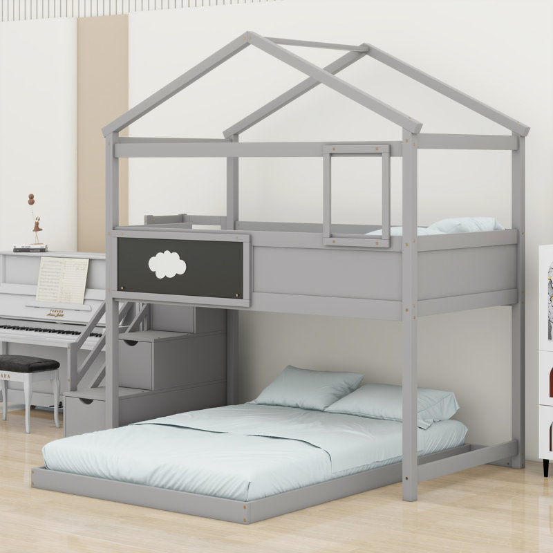 House Bunk Bed With Storage Staircase And Blackboard, Gray