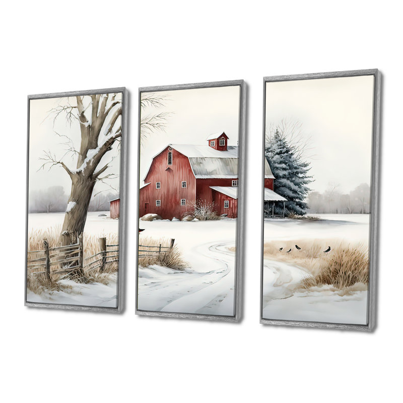 Calm Red Barn In Winter III - 3 pièces sur toile, H 28 po x l 36 po, Toile tendue