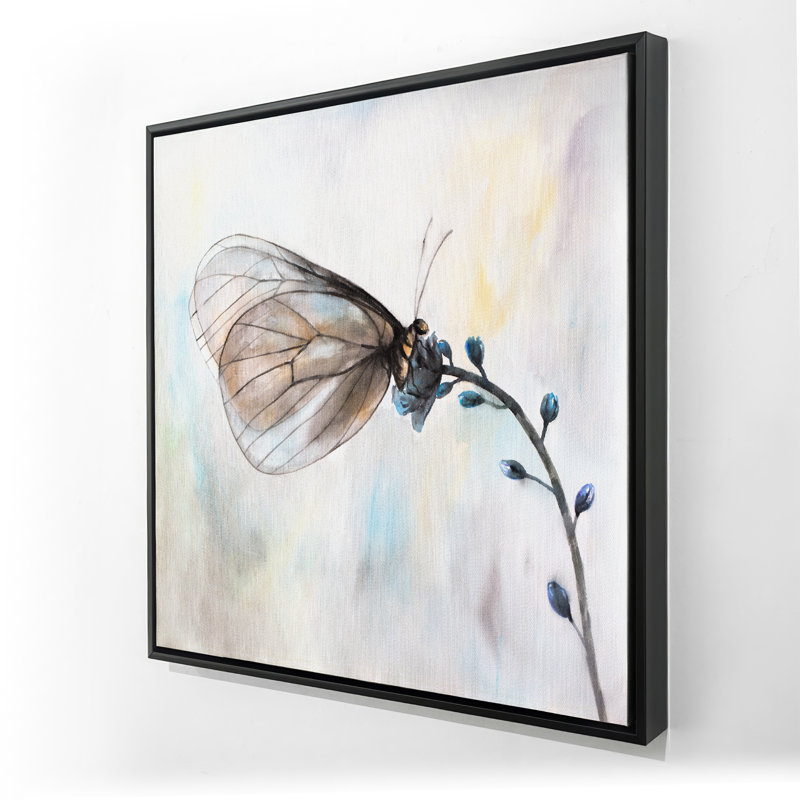 Papillon sur fleurs bleues - Art encadré sur toile