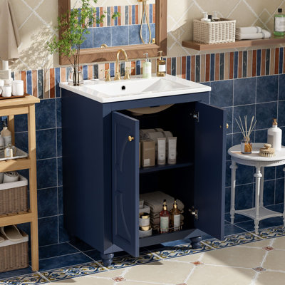 Meuble-lavabo moderne avec motif elliptique orné et charnières à fermeture douce, armoire de salle de bain avec structure ouverte au dos, pieds tournés en boule avec élégance française