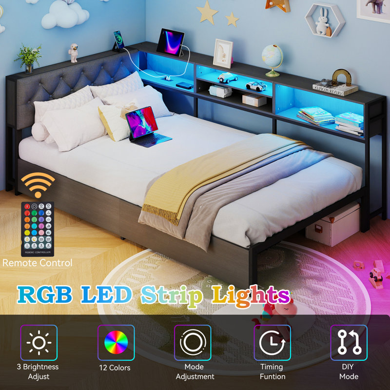 Twin Corner Bed Frame with 2 Drawers and Storage Bookcase, Daybed with Charging Station and LED Lights, Twin Size Corner bed for Kids and Teen