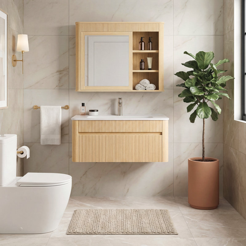 Meuble-lavabo mural simple de 30 po avec lavabo en céramique en forme d'arc et tiroirs de rangement à fermeture en douceur Fredson