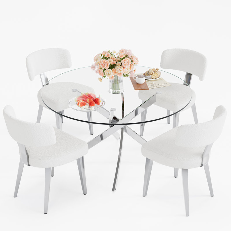  Round Glass Pedestal Dining Set, White, 29.5"H x 47.2"L x 47.2"W, 5