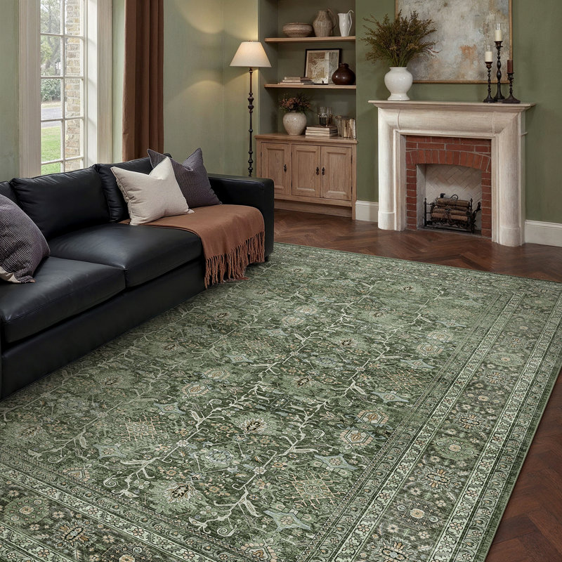 Kitty Machine Washable Area Rugs for Living Room with Non-Slip Backing Green Rug, Rectangle 9' x 12'