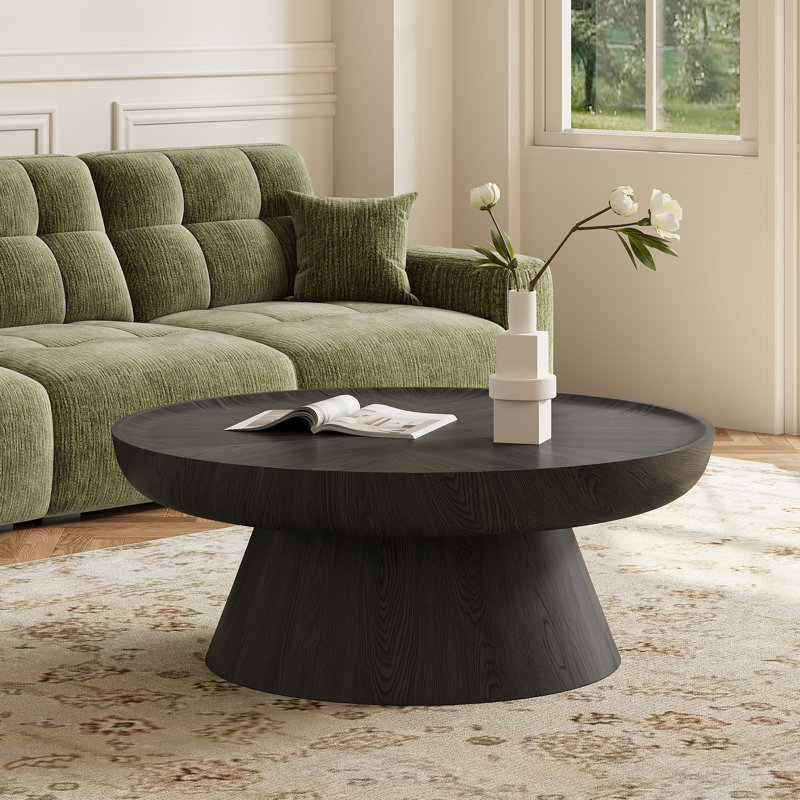 Table basse ronde en noyer rustique 35,43 po avec base conique épaisse, aucun assemblage requis, Noir
