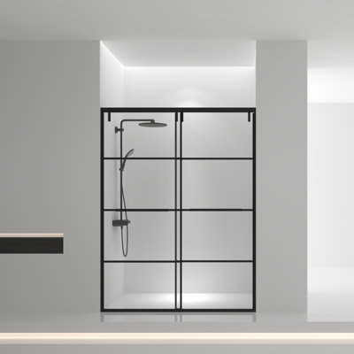 Porte de douche coulissante réversible encadrée en noir mat avec verre trempé transparent 8 mm Trevor