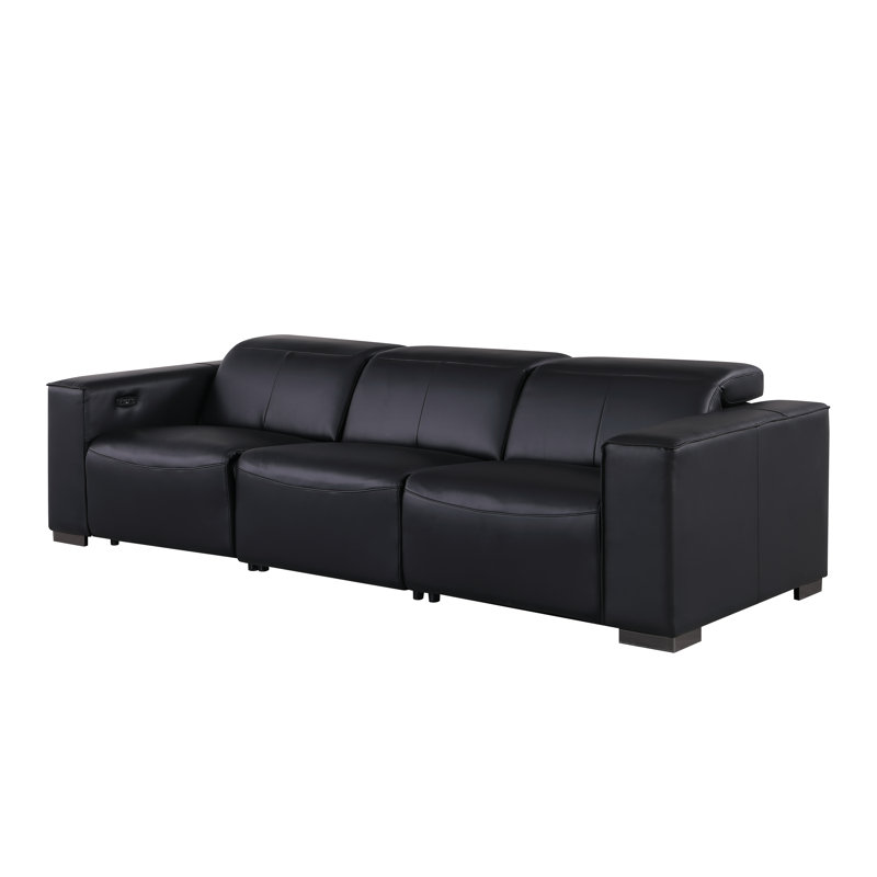 Luxurious Genuine Leather Power Reclining Sofa With Three Recliners And Power Headrests, Black