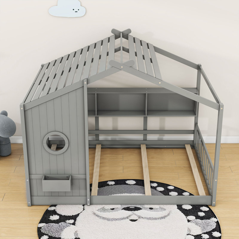 Lit de jeu avec toit et tablettes de rangement, Gris, Double