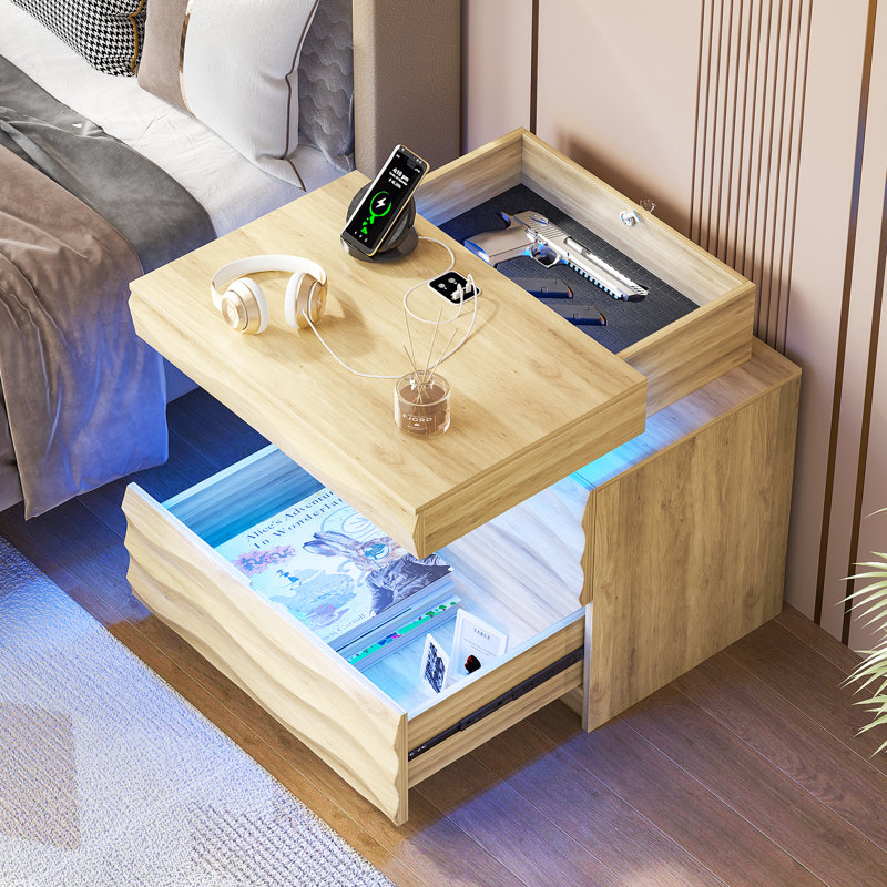 Ashten 23.6'' W 2-Drawer Nightstand With Hidden Storage And Human Sensor Light, Oak