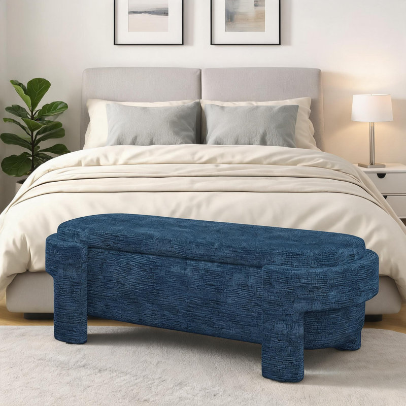 Contemporary Style Lidded Storage Bench 2-Seater Linen Upholstered Deep Blue 51.5 Inch Overall Length