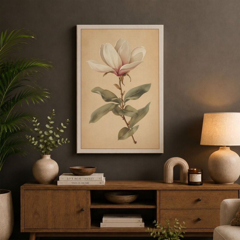 Magnolia in Bloom Botanical - Wrapped Canvas, 36x24 - 91.4 x 61.0 cm, Black Border
