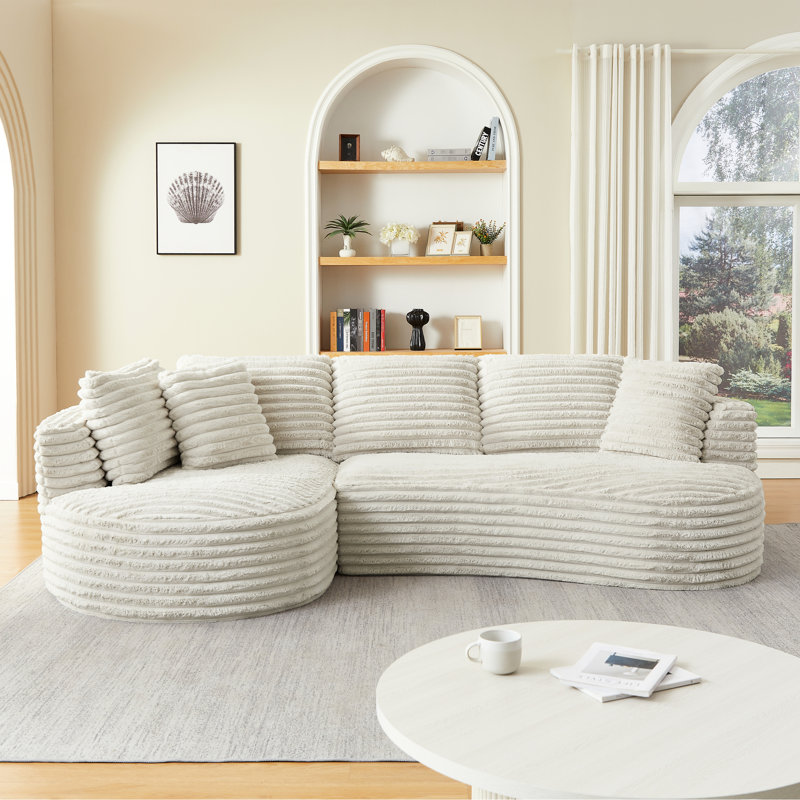 Luxury 4 - Seat L Shape Sectional Sleeper, Corduroy Fabric, Cream, Sponge Support, No Assembly For Living Room Curved Corduroy, Pocket Spring, Reception