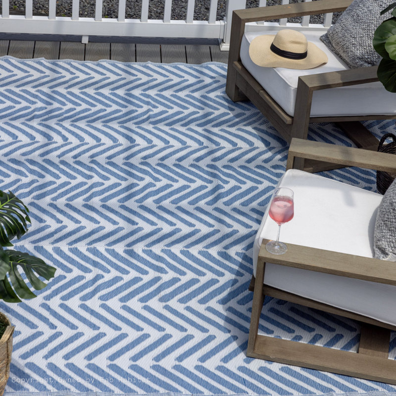 Herringbone Geo Chevron Outdoor Camping Rug - Waterproof, Fade Resistant, Reversible - Recycled Plastic - Camping RV Patio Glamping Deck Pool - Fresno Light Blue