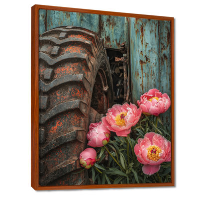 Pe pivoines par le vieux tracteur I - pivoines, reproduction sur toile encadrée