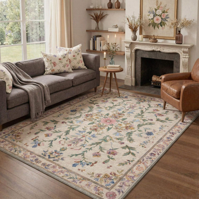Vintage Floral Area Rug 5' x 7' for Dining Room, Multicolor Beige