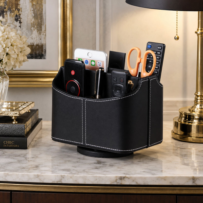 Boîte de télécommande rotative à 360 ° en cuir de polyuréthane, support de télécommande à 5 compartiments pour stylo, télécommande, clé, articles divers, noir