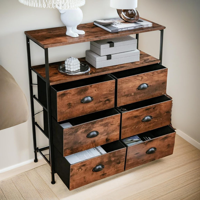 Akriti 6 - Drawer Chest of Drawers with Storage Shelf Rustic Brown Dresser Bedroom