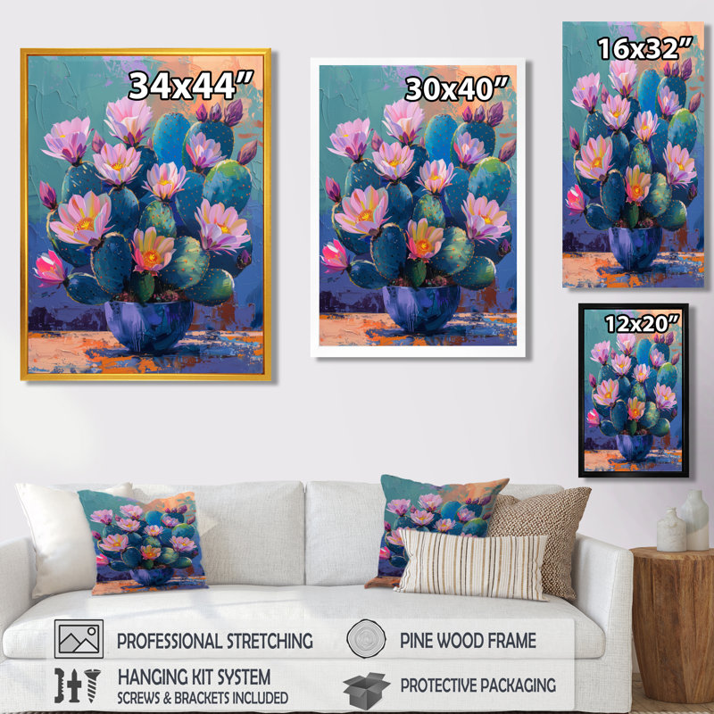 Cactus mauve et bleu, coucher de soleil Vibes II - Cactus floral, salon d'art mural, Toile encadrée noire simple
