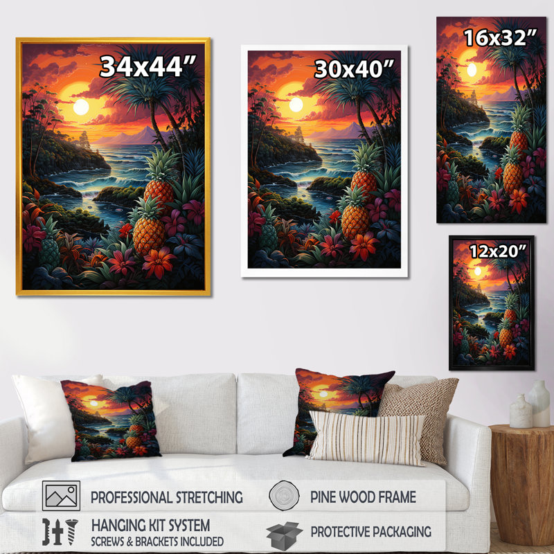 Dreamy Tropical Sunset Dr Beach - art mural plage, H 32 po x l 16 po x P 1 po, Cadre flottant blanc