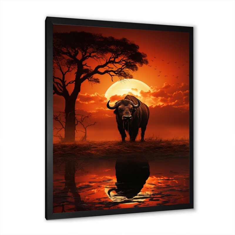 Red Red Buffalo Silhouette Serenade - Reproduction d'art sur toile, H 44 po x l 34 po x P 1,5 po, Cadre photo noir