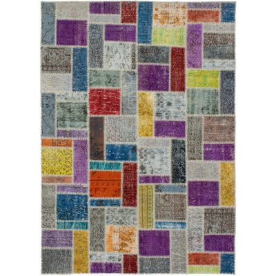 Tapis unique en laine noué à la main style patchwork des années 2010 de 5 pi 9 po x 8 pi 1 po violet / rouge Sekhmet
