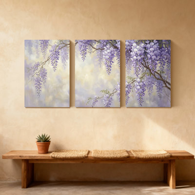 Plantes et fleurs, fleurs de glycine mauves sur fond doux, ensemble de 3 impressions murales sur toile