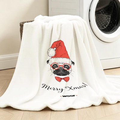 Jeté transparent en flanelle de polaire ultra douce, imprimé de chien carlin joyeux Noël
