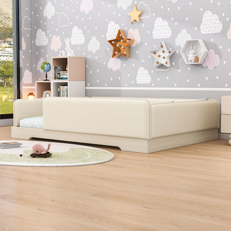 Lit de plancher rembourré avec garde-corps amovibles, Grand lit, Beige