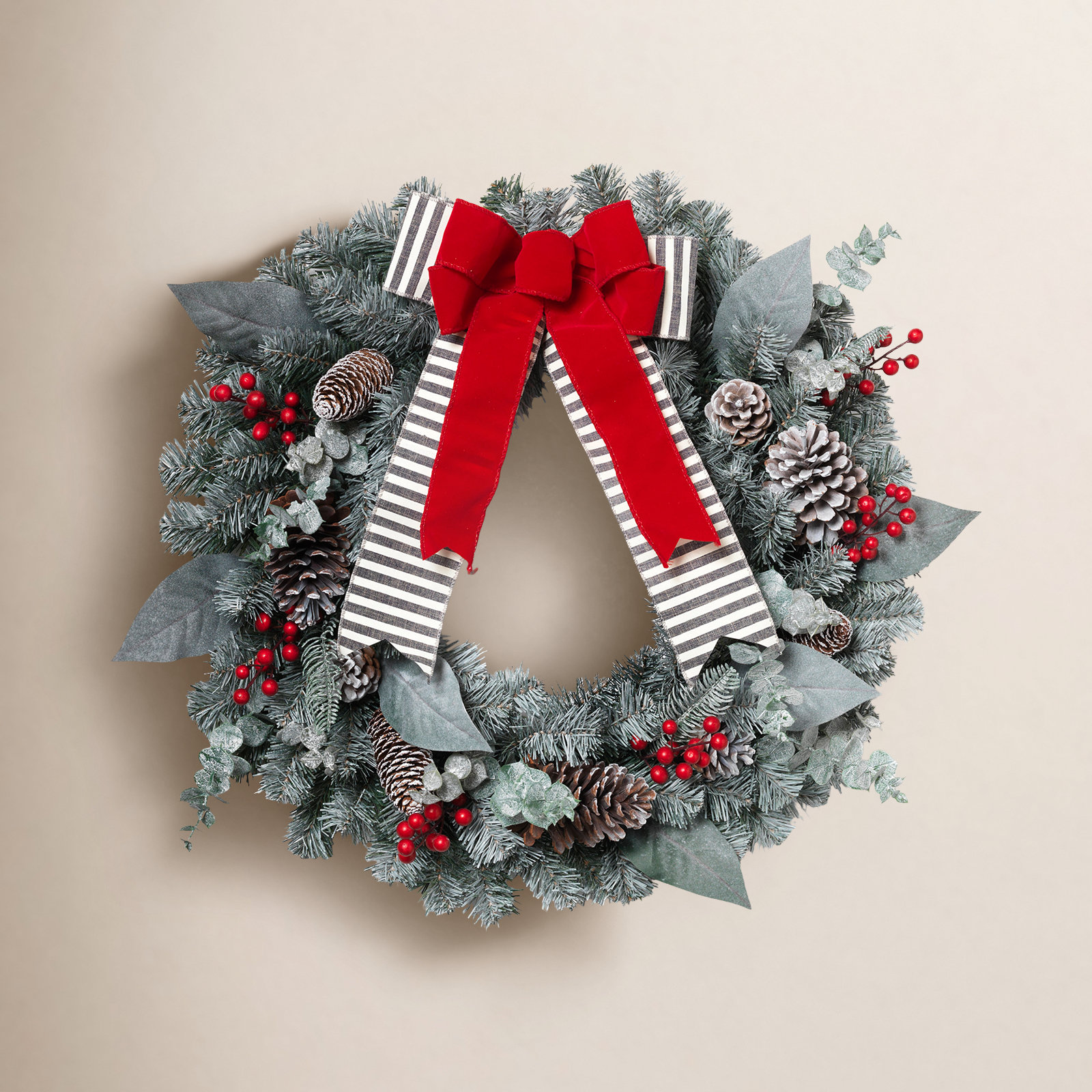 24 In. Snowy Pine Christmas Wreath With Red Berries Cone And Red Bow