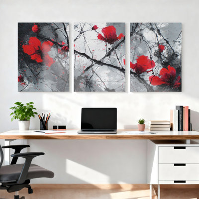 Red Floral Abstract Canvas Wrapped Wall Art Oil Painting Print Set of 3 for Living Room Bedroom Home Decor