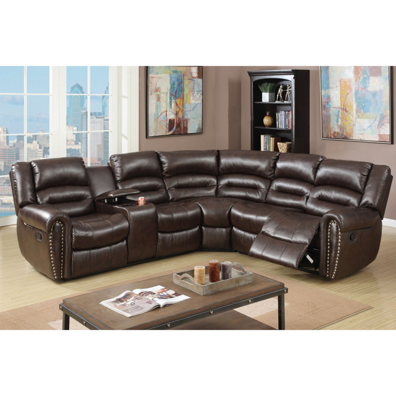Rihannon Upholstered Reclining Sectional Symmetrical, Brown Faux leather