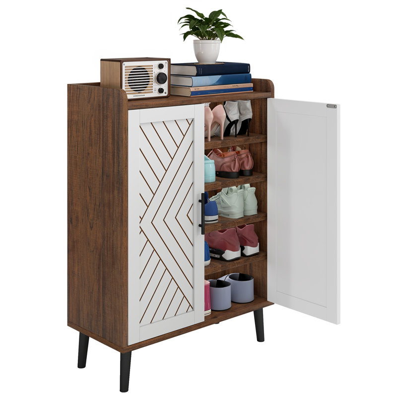 20 Pair 5 Tier Shoe Storage Cabinet with Doors, Brown/White