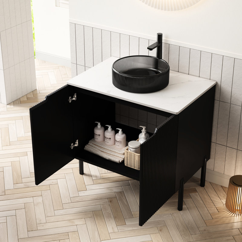 Meuble-lavabo rond en verre noir transparent, surface en pierre frittée blanche, 2 portes, système de fermeture en douceur, solution de rangement contemporaine, meuble-lavabo autoportant sans robinet de 30 po