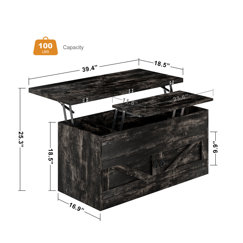 Lift Top Farmhourse Coffee Table With Storage, Dark Rustic Oak
