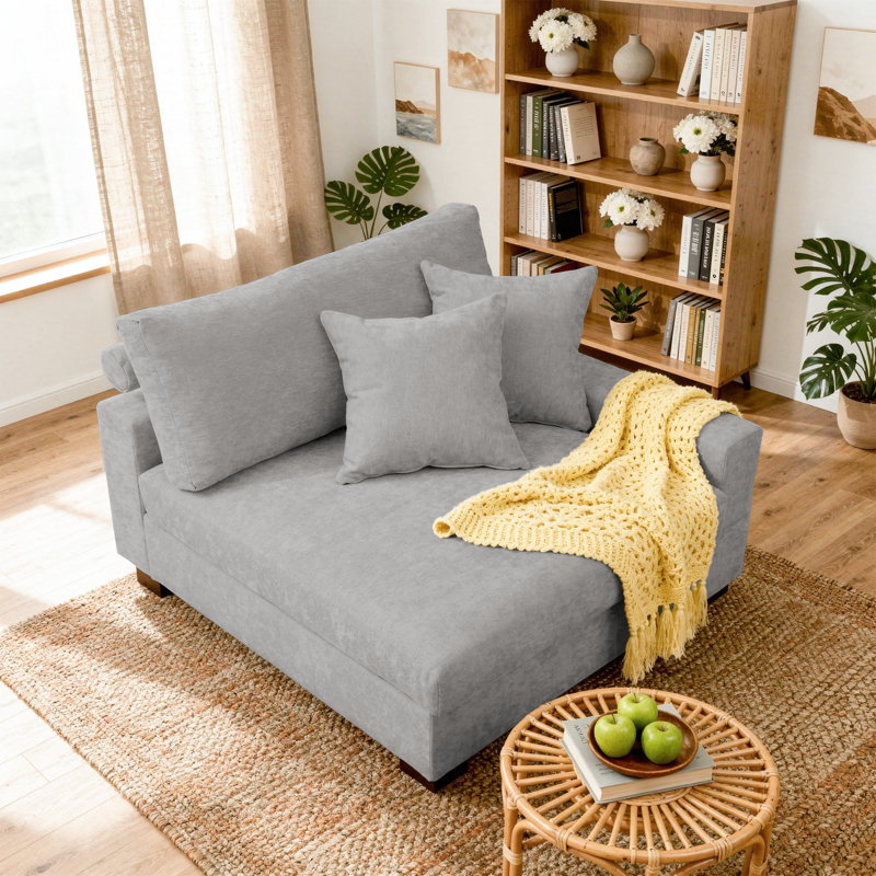 Upholstered Gray Chenille Armchair with Pillow Back, One Arm Single Chair Module Part For Sectional Sofa, Gray, Chenille
