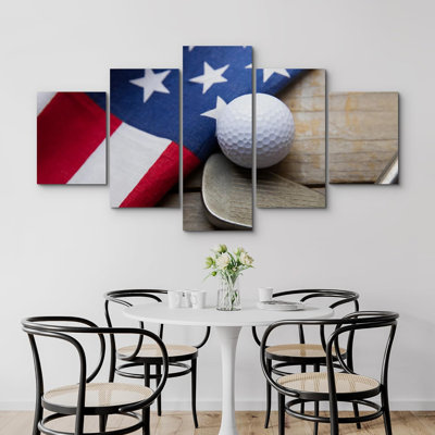 Golf Ball & Club With American Flag Sports Room Pictures Extra Large Canvas 5 Pieces Print Wall Art